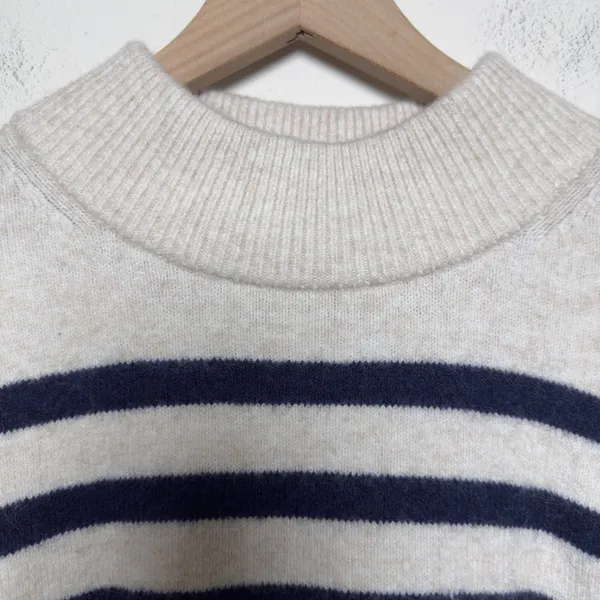 J. Crew Womens Merino Wool Alpaca‎ Sweater XS Cream Navy Breton Stripe Preppy - Image 4