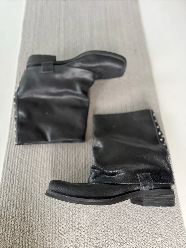 ENVY Fun Police Black Leather Foldover Mid Calf Moto Biker Boots Silver Studs - Image 11