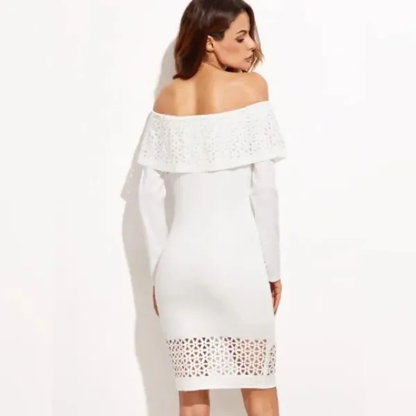 White Laser Cutout Off The Shoulder Ruffle Dress - Image 2