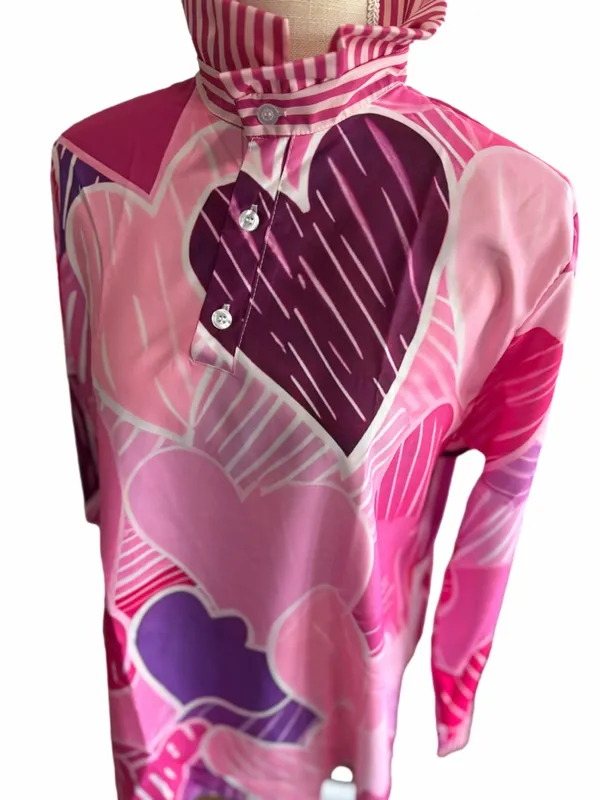Women's Long Sleeve Pink Heart Theme High Ruffle Neck Blouse Size L #260864 - Image 3
