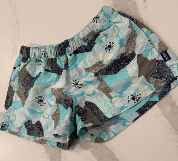 Patagonia Barley Baggies Print Shorts Womens Medium Blue Hibiscus FieldTurquoise - Image 2