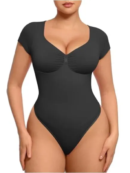 Seamless Black Short Sleeve Shaping Bodysuit Size M - Image 2