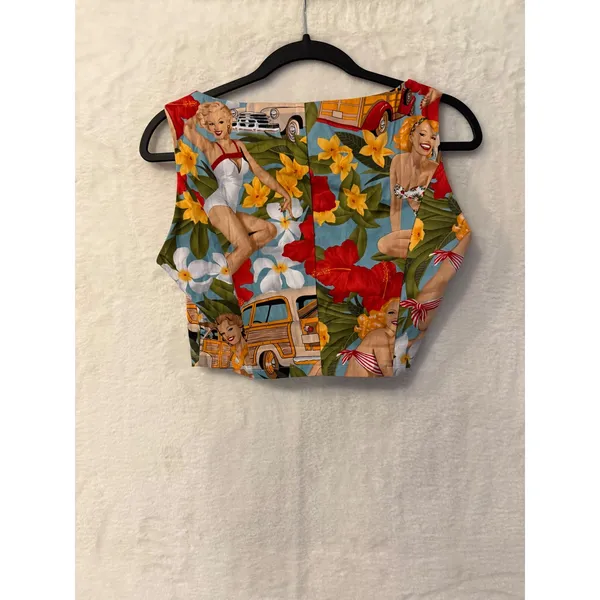 Vintage Pin Up Girl Tropical Crop Top Women Small Sleeveless Rockabilly Hawaiian - Image 2