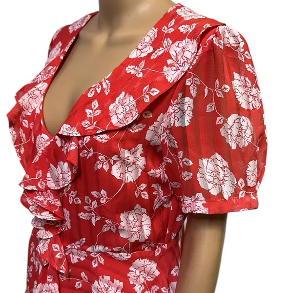 Lulus Ximena Coral Red White Floral Print Ruffled Mini Dress Womens Medium - Image 5