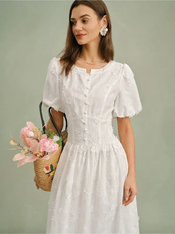 Rihoas White Round Neck Floral Midi Dress - Image 2