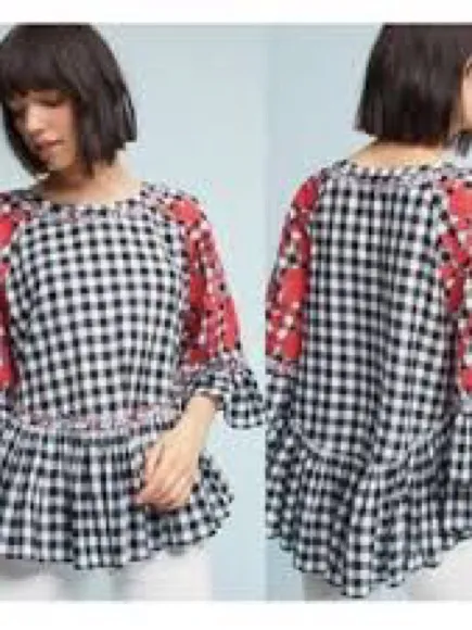Anthropologie Panknj & Nidhi Tunic Women Medium Black Gingham Red Floral Peplum - Image 4