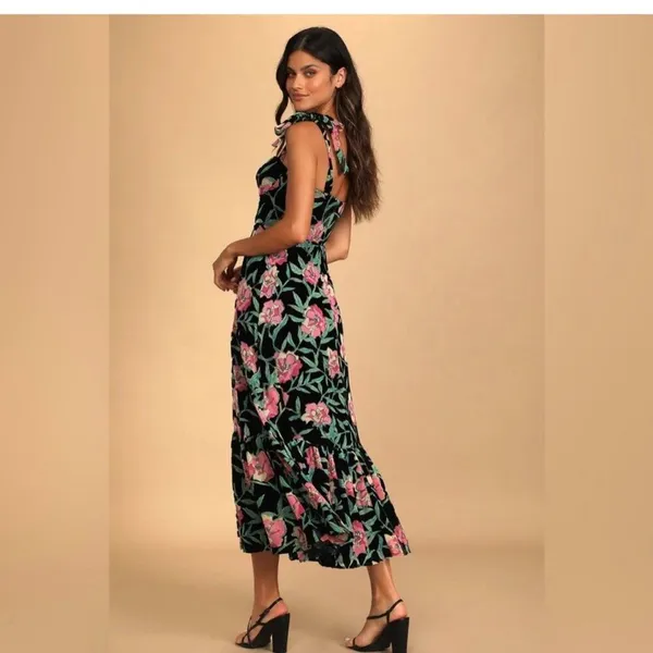 Lulus Lucious Glorious Garden Black Floral Burnout Velvet Maxi Cottage Dress S - Image 2