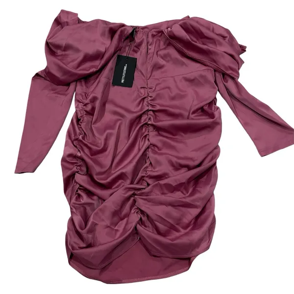 PrettyLittleThing Pink‎ Satin Drape Bardot Sleeve Ruched Back Bodycon Dress 16 - Image 3