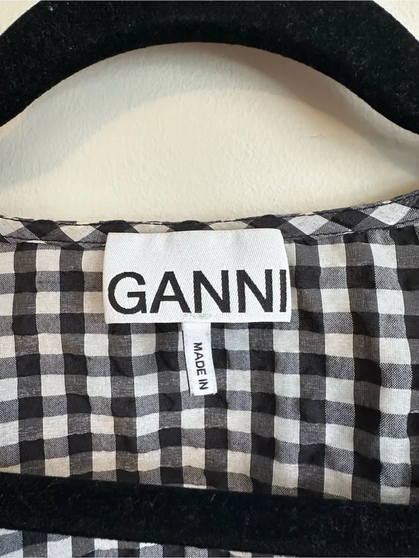 Ganni Seersucker Check Plaid Balloon Sleeve Blouse Womens 36 4 Black White - Image 5