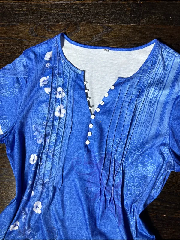 Zeagoo Blue Floral V-Neck A-Line T-Shirt Mini Sun Dress Extra Large - Image 4