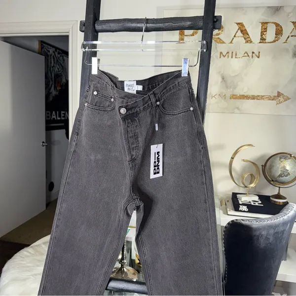 Princess Polly Holly Asymmetric High Rise Straight Leg Black Denim Jeans New - Image 5