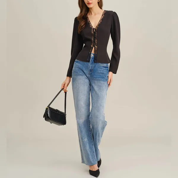 Rihoas black lace V Neck b Blouse - Image 3