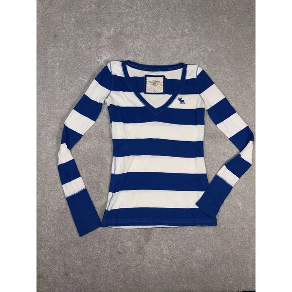 abercrombie y2k striped v neck blue white‎ think stripe xs Moose - Image 4