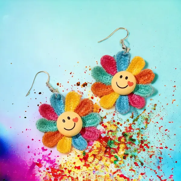 Rainbow Color Sunflower Smiling Face Design Dangle Earrings‎ Cute Knit Style - Image 2