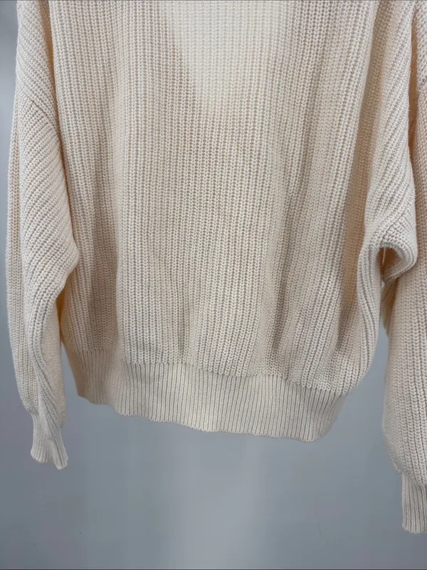LOFT Cream Ribbed slouchy cropped cardigan S cotton casual fall winter neutral - Image 4