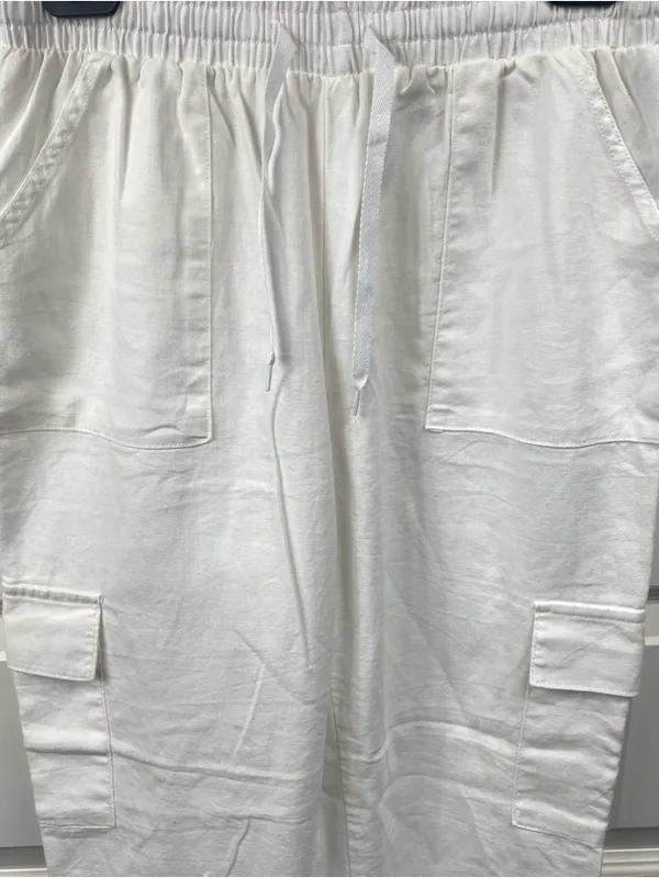 CI SONO Linen Blend Straight Leg Pull On Pants • Medium White Loose Drawstring - Image 2