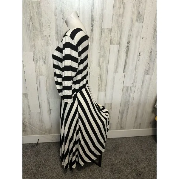 Black White Striped High Low Midi Dress Womens 2XL 3/4 Sleeve Jersey Knit Casual - Image 3