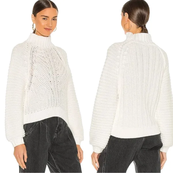 Free People Chunky Knit Sweetheart Mock Neck Sweater in Ivory White Large NWT - Image 4