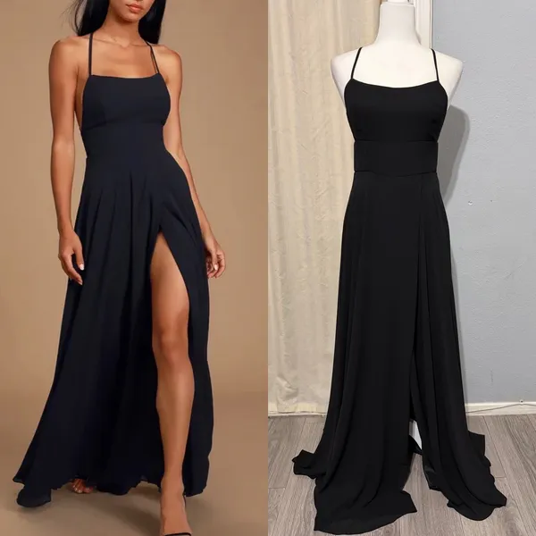 Lulus Black Sparkly Chiffon Maxi Dress Small Square Neck Open Back Side Slit - Image 2