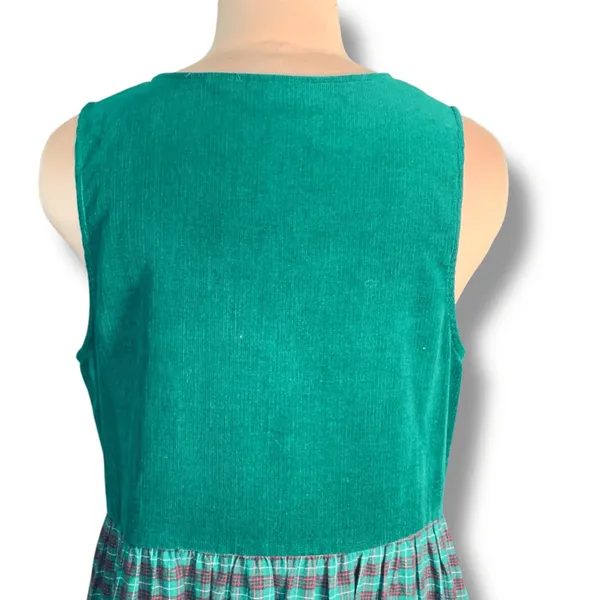 Vintage‎ 80s Susan Bristol Forrest Green Plaid Corduroy Jumper Dress Embroidery - Image 4