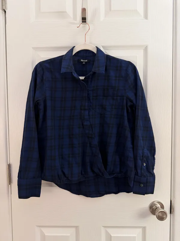 Madewell Navy Blue Arion Plaid Wrap Front Shirt XS - Image 3
