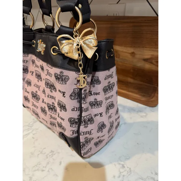 Vintage Juicy Couture Large Daydreamer Tote Bag brown pink crown pattern bow - Image 3
