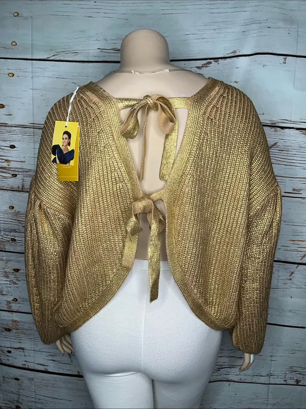 Kika Vargas NWT Size 1X Tan - Metallic Gold Open Back Tie Closure Sweater Top - Image 3