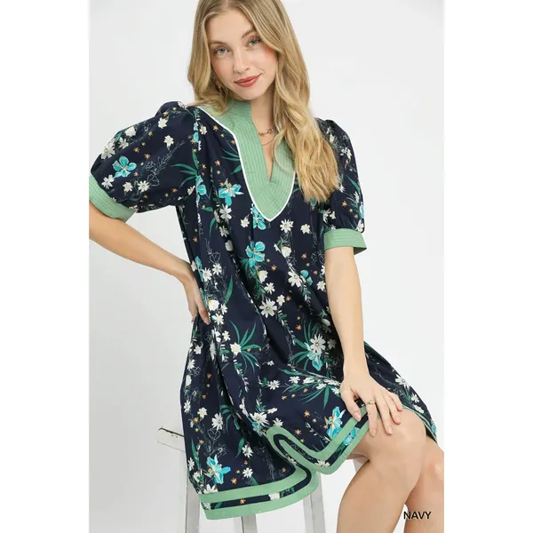 Umgee Floral Puff Sleeve Dress with Contrast Trim - Navy - Small - Image 5