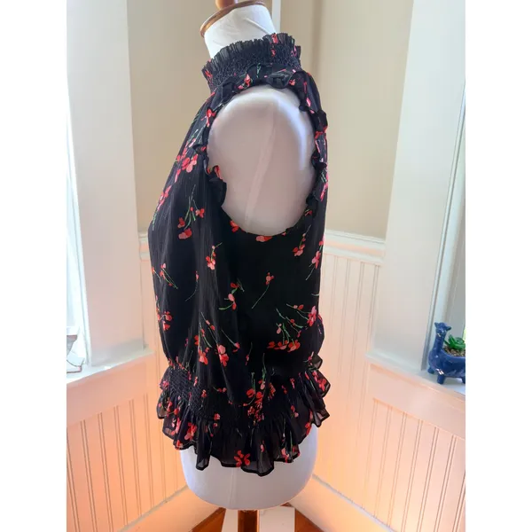 J.Crew Floral Smocked High Neck Ruffle Sleeveless Blouse Black Red Size 2 - Image 12