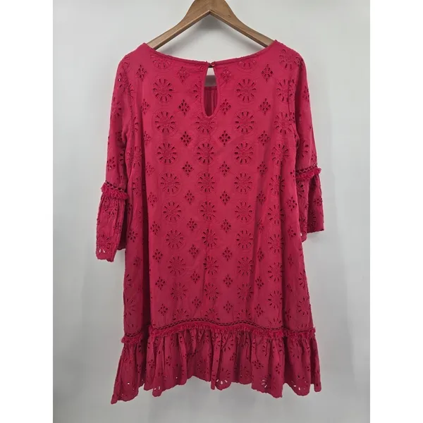 Anthropologie Dress Womens 10 Eyelet Shift Magenta Pink Bell Sleeve EUC - Image 3