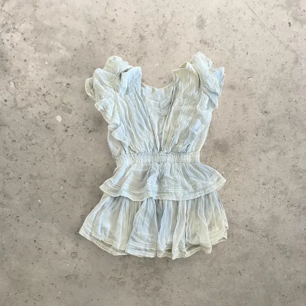 love shack fancy white & light blue flowy boho ruffly mini dress - Image 2
