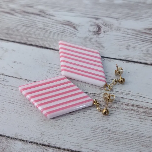 Vintage Stud Earrings Pink & White Striped Dangle - Image 3