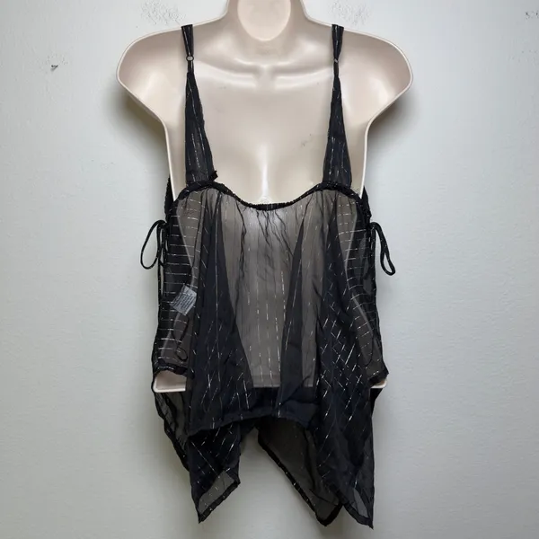 Women y2k Fairy Grunge Babydoll Top Medium Black Metallic Sheer Studded indie - Image 4