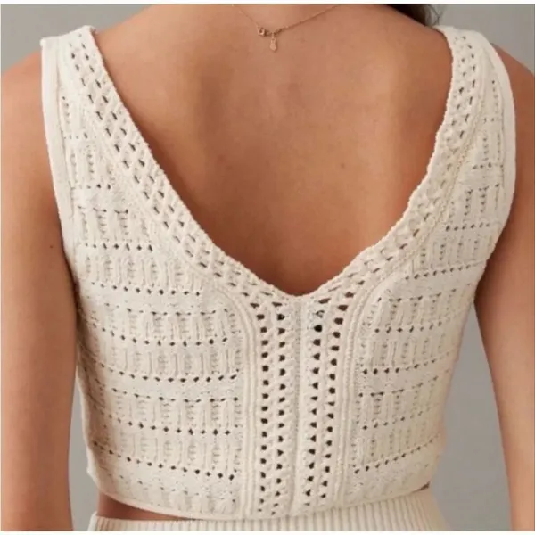 American Eagle Cropped Lace-Up Knit Tank Top Crochet Cream XL Coquette #1100 - Image 2