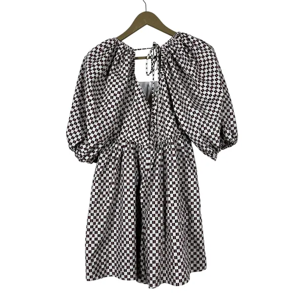 Abercrombie & Fitch Puff Sleeve Checkered Romper Burgundy Mod Retro Size M - Image 5