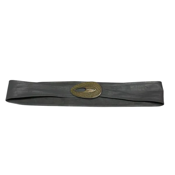 Vintage 80s Gray‎ Leather Wide Waist Belt Gold Snakeskin Look Statement Buckle - Image 5