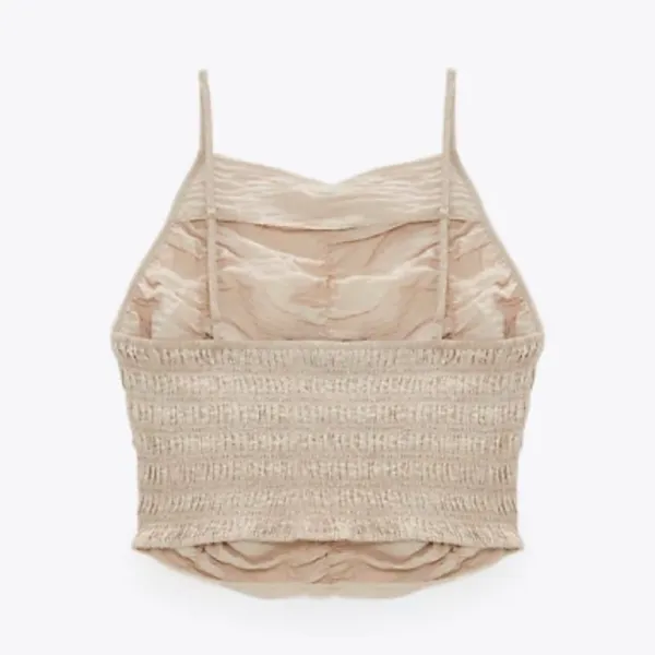 Zara Ruched Halter Crop Top Light Tan Brown Smocked Draped Size S - Image 3
