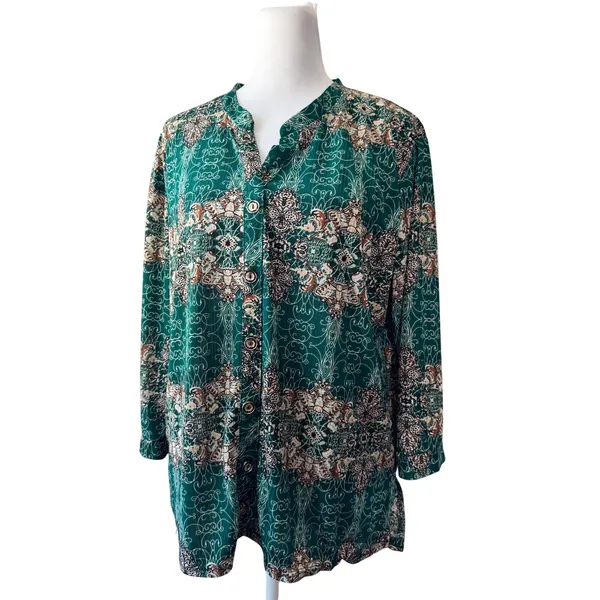 Green, Cream & Brown Long Sleeve Relaxed Fit Lightweight Button Front Blouse - Image 3