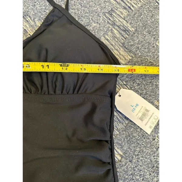 Time and Tru Black One Piece Swimsuit Mesh Inset Ruched Hi Cut Women's Large NEW - Image 3