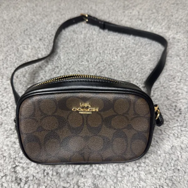 Coach Signature Canvas Camera Bag Belt Bag Crossbody Brown Black 2 Straps - Image 2