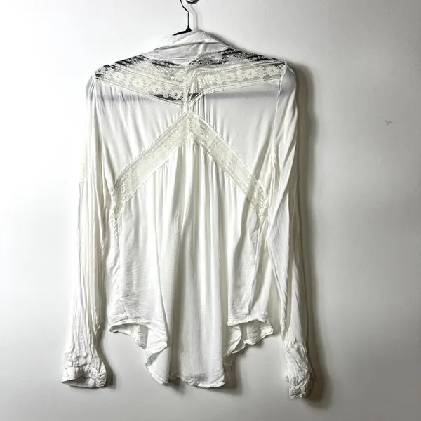 Free People White Lace Panel Rayon Gauze Button Down Blouse Small Boho Top - Image 8