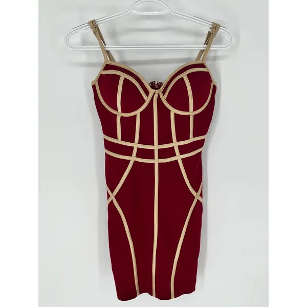 BLASHE Bodycon Dress Sz Small Burgundy Tan Bustier Bandage Spaghetti Straps Sexy - Image 2