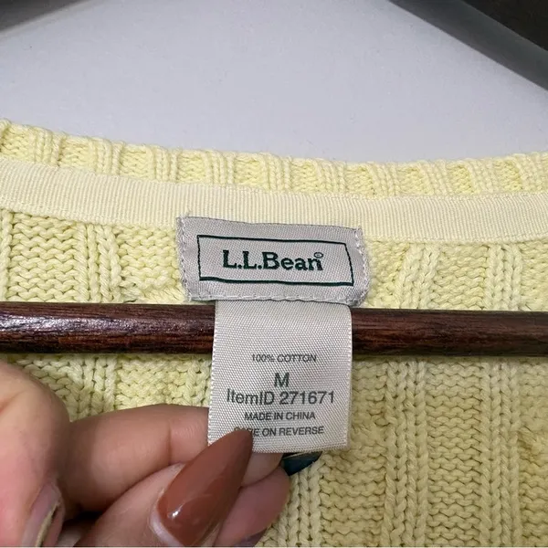 L.L.Bean Cable Knit Sweater Yellow Cotton V Neck 3/4 Sleeve Womens M - Image 8