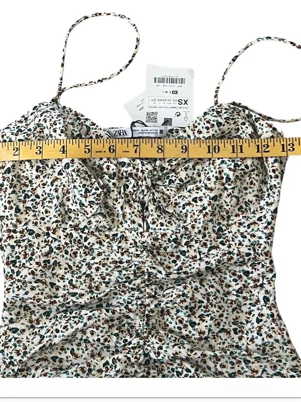 Zara White Floral Ruched Spaghetti Strap Mini Dress XS - Image 5