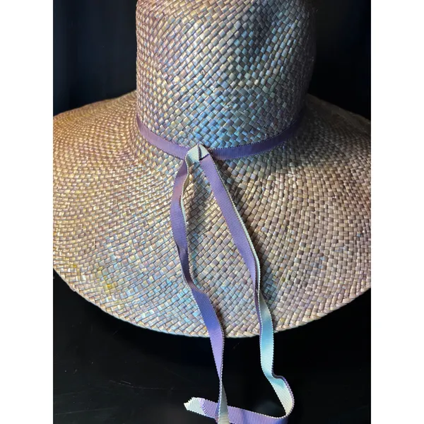 Betmar New York Iridescent Woven Straw Wide Brim Sun‎ Hat Purple Ribbon Accent - Image 3