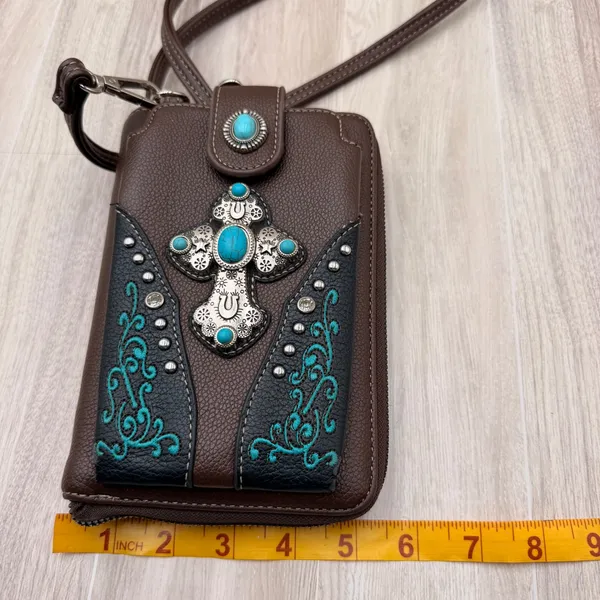 Montana West Crossbody Wallet Bag Womens OS Brown Excellent Turquoise Western - Image 4