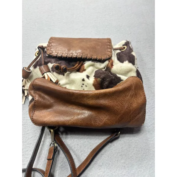 Jen & Co Backpack OS Cow Print Brown Faux Leather Tassel Western Boho Bag - Image 10