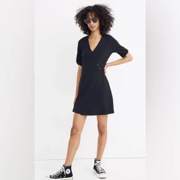 Madewell Black Cross Front Button Mini Dress 90s Minimalist - Image 2