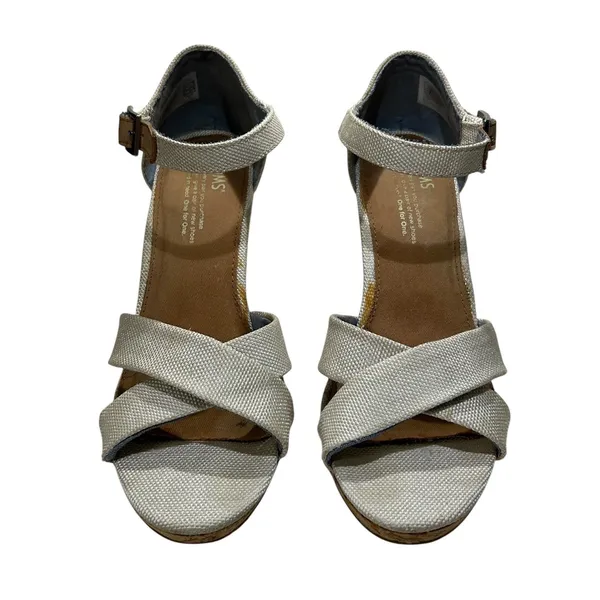 TOMS‎ Womens Cork Wedge Sandals Cream Canvas Ankle Strap Size 8 - Image 3