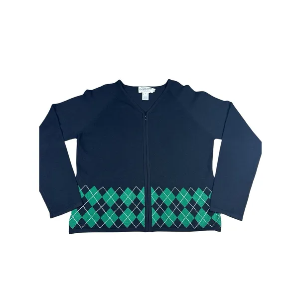 Vintage Pendleton Black Cardigan Sweater Full Zip Green Argyle Silk Blend MP - Image 2